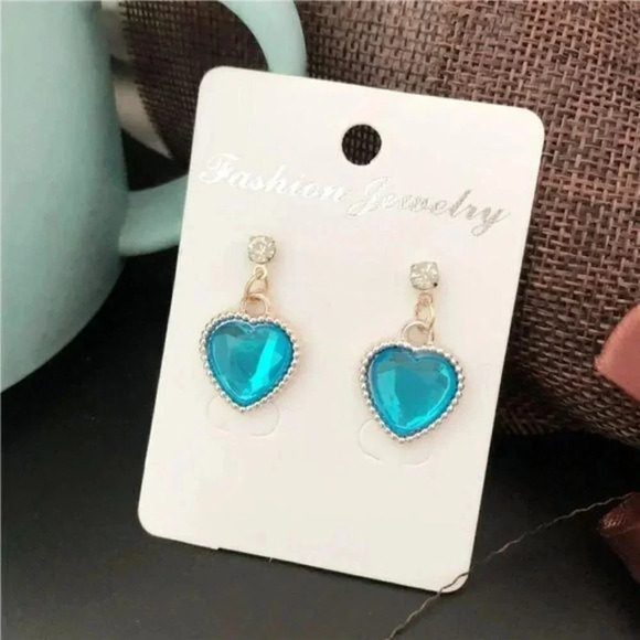 Rhinestone Heart Dangle Earrings Aqua Blue - Picture 1 of 2